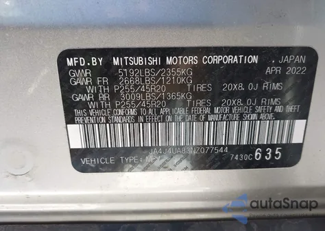 2022 Mitsubishi Outlander Black Edition S-Awc/Se 2.5 S-Awc/Se Launch Edition S-Awc z USA, uszkodzony, nr VIN JA4J4UA83NZ077544